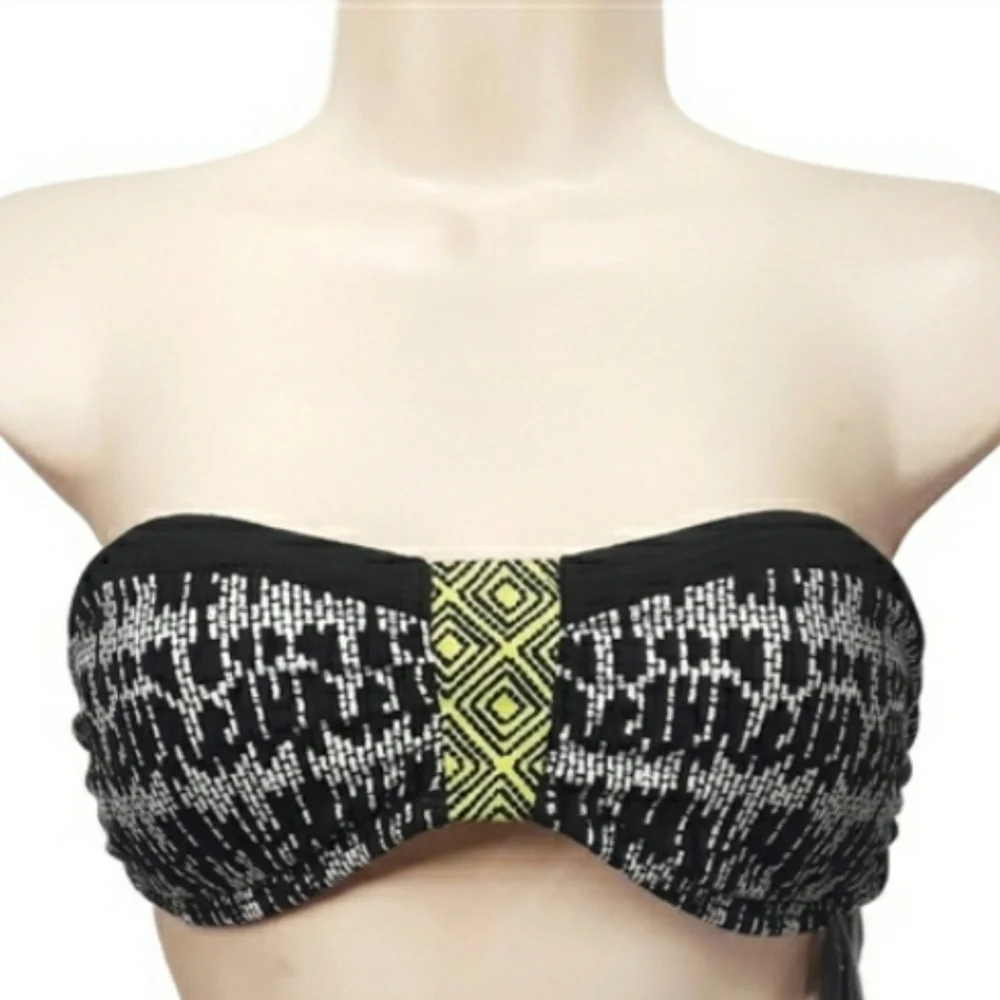 NEW Lili Blu Strapless Black White Green Tribal Print Medium Bikini Top